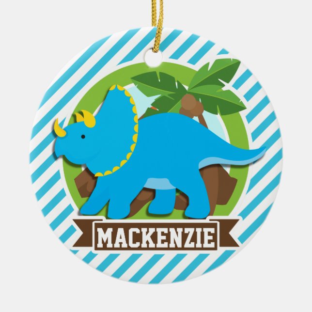 Triceratops Dinosaur; Sky Blue & White Stripes Ceramic Tree Decoration (Front)