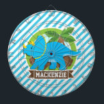 Triceratops Dinosaur; Sky Blue & White Stripes Dartboard<br><div class="desc">Cool, colourful kid's blue and yellow Triceratops Dinosaur, green palm tree, brown volcano design on Sky Blue & White Stripes pattern. Perfect gift for baby, toddler, kids, children, teens, or adults! Personalised the design by adding a child's name or custom text. Visit our store, Birthday Party House, for more great...</div>