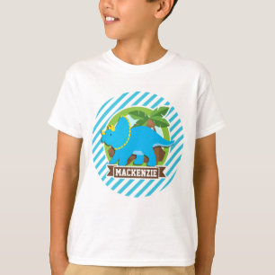 Triceratops Dinosaur; Sky Blue & White Stripes T-Shirt