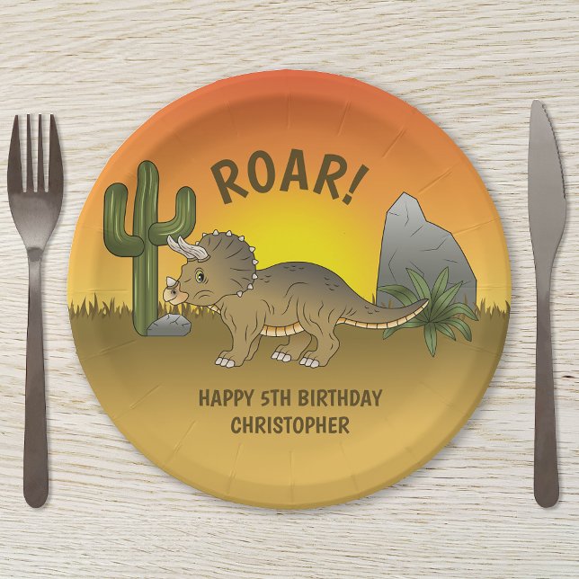 Triceratops Dinosaur Sunset Desert Kid's Birthday Paper Plate (Creator Uploaded)