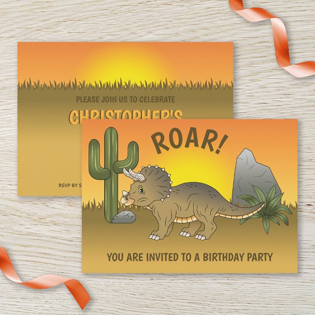 Triceratops Dinosaur Sunset In Desert Birthday Invitation (Creator Uploaded)