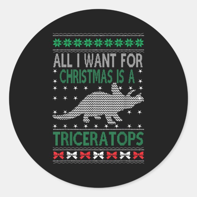 Triceratops Dinosaur Ugly Christmas Design Style F Classic Round Sticker (Front)