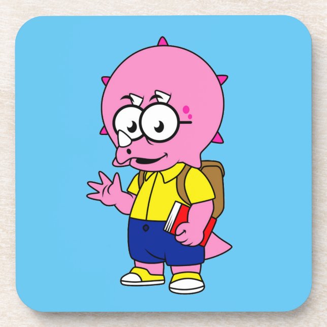 Triceratops Nerd With Backpack And Textbook. Coaster (Front)