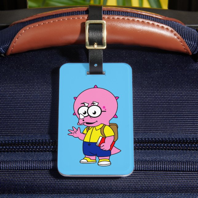 Triceratops Nerd With Backpack And Textbook. Luggage Tag (Front Insitu 2)