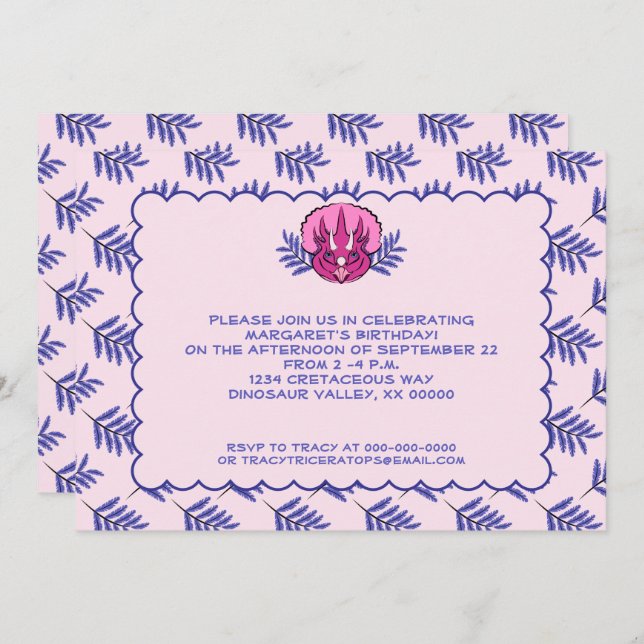 Triceratops Pretty Pink Dinosaur Girl Birthday Invitation (Front/Back)