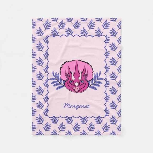Triceratops Pretty Pink Dinosaur with Leaf Pattern Fleece Blanket (Front)
