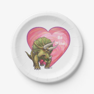 Triceratops Red Rose Heart Paper Plate
