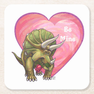 Triceratops Red Rose Heart Square Paper Coaster