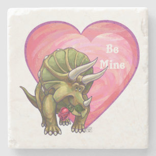 Triceratops Red Rose Heart Stone Coaster