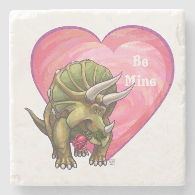 Triceratops Red Rose Heart Stone Coaster (Front)