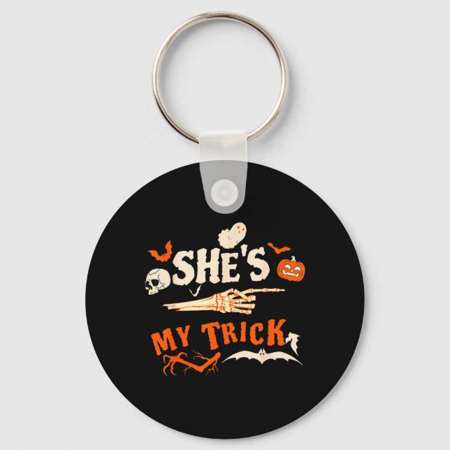 Trick Funny Skeleton Halloween Matching Couples Key Ring (Front)