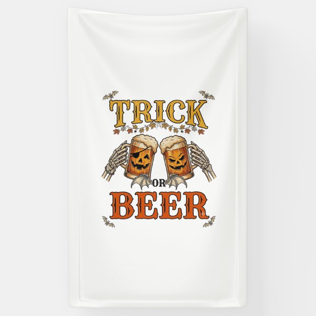 Trick Or Beer Halloween Pumpkin Mug Skeleton Hands Banner (Vertical)