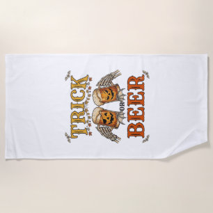 Trick Or Beer Halloween Pumpkin Mug Skeleton Hands Beach Towel