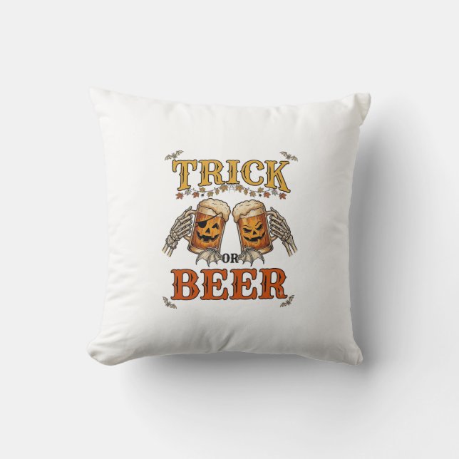 Trick Or Beer Halloween Pumpkin Mug Skeleton Hands Cushion (Front)