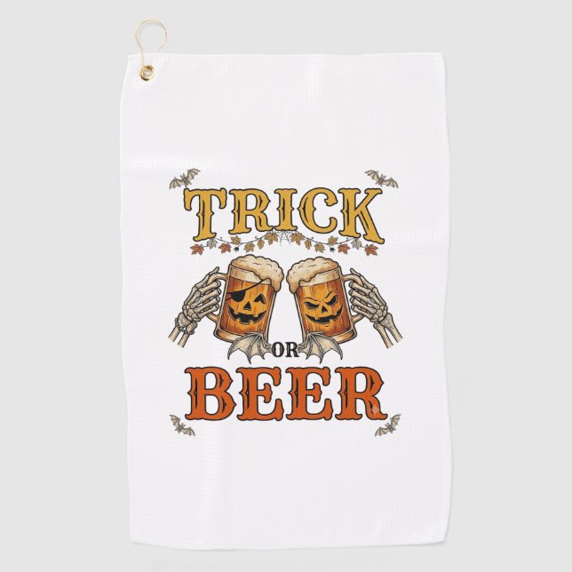 Trick Or Beer Halloween Pumpkin Mug Skeleton Hands Golf Towel (Front)