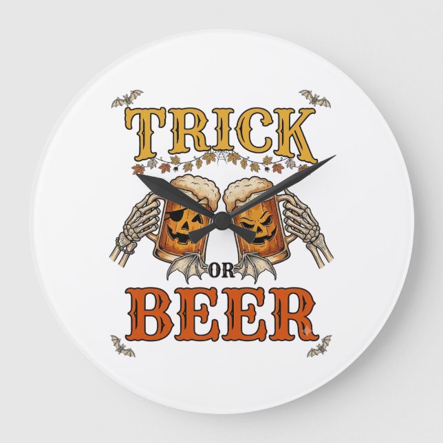 Trick Or Beer Halloween Pumpkin Mug Skeleton Hands Large Clock (Front)