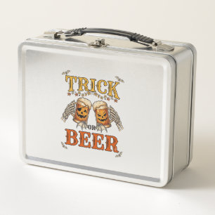 Trick Or Beer Halloween Pumpkin Mug Skeleton Hands Metal Lunch Box