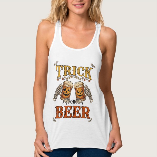 Trick Or Beer Halloween Pumpkin Mug Skeleton Hands Singlet (Front)