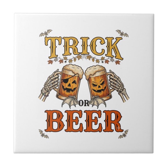 Trick Or Beer Halloween Pumpkin Mug Skeleton Hands Tile (Front)