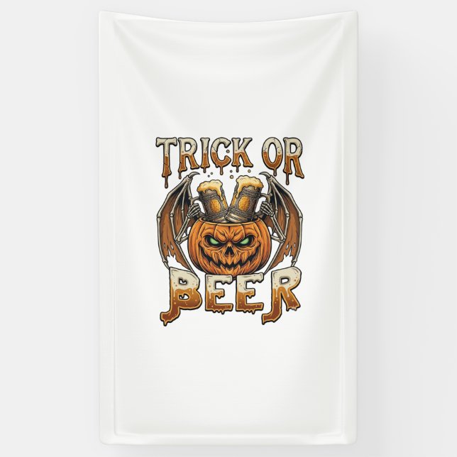 Trick Or Beer Halloween Pumpkin Skeleton Wings Mug Banner (Vertical)