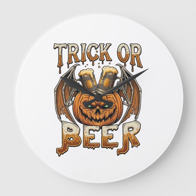 Trick Or Beer Halloween Pumpkin Skeleton Wings Mug Large Clock (Front)