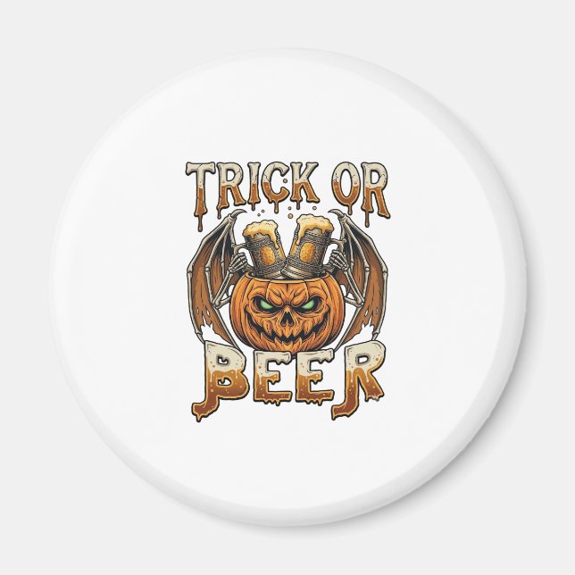 Trick Or Beer Halloween Pumpkin Skeleton Wings Mug Magnet (Front)
