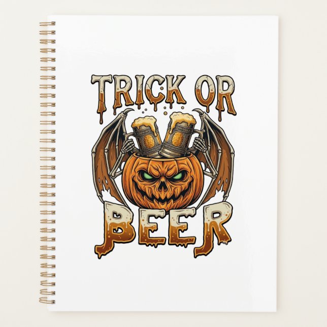 Trick Or Beer Halloween Pumpkin Skeleton Wings Mug Planner (Front)