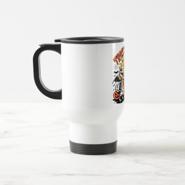 Trick or Beer Skeleton Dragons Art Travel Mug (Left)