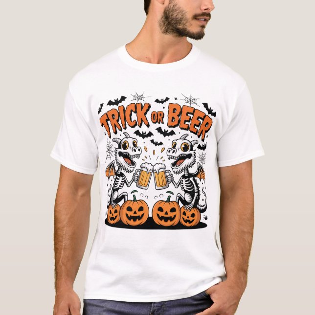 Trick or Beer Skeleton Dragons Halloween Art T-Shirt (Front)