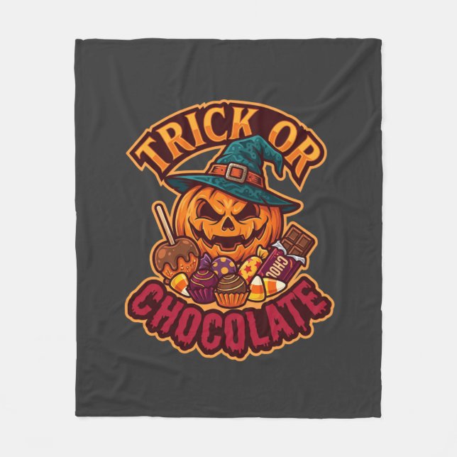 Trick Or Chocolate Halloween Pumpkin Witch Hat Can Fleece Blanket (Front)
