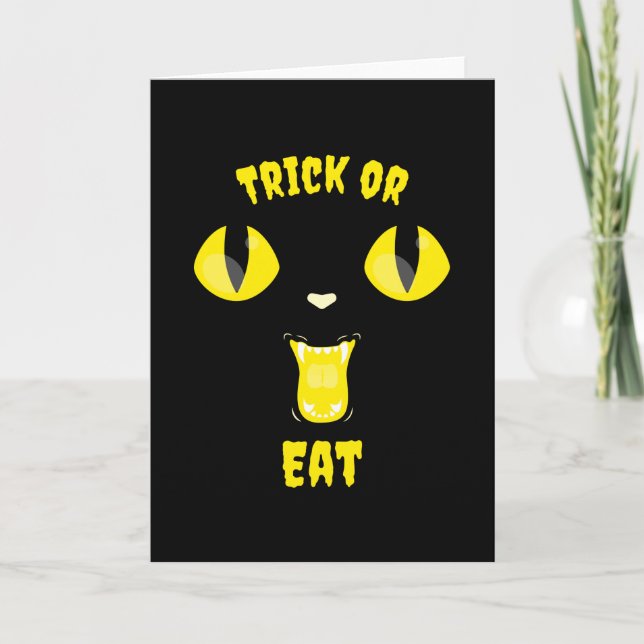 Trick or Eat Funny Halloween Hungry Cat Card (Front)