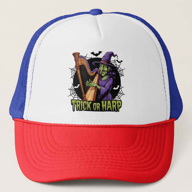 Trick Or Harp Spooky Witch Playing Harp Halloween Trucker Hat (Front)