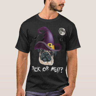 TRICK OR MEAT? Pug witch hat bat moon Halloween T-Shirt