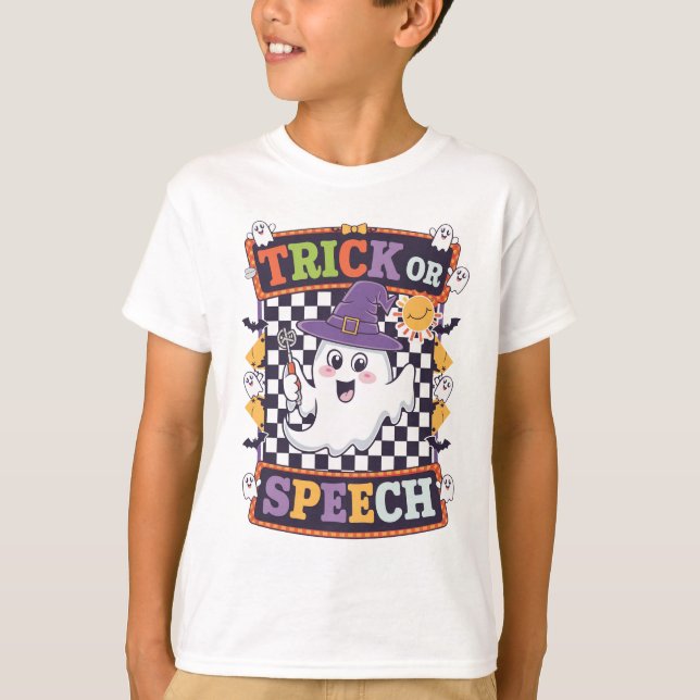 Trick or Speech Orange Funny Halloween Ghost T-Shirt (Front)