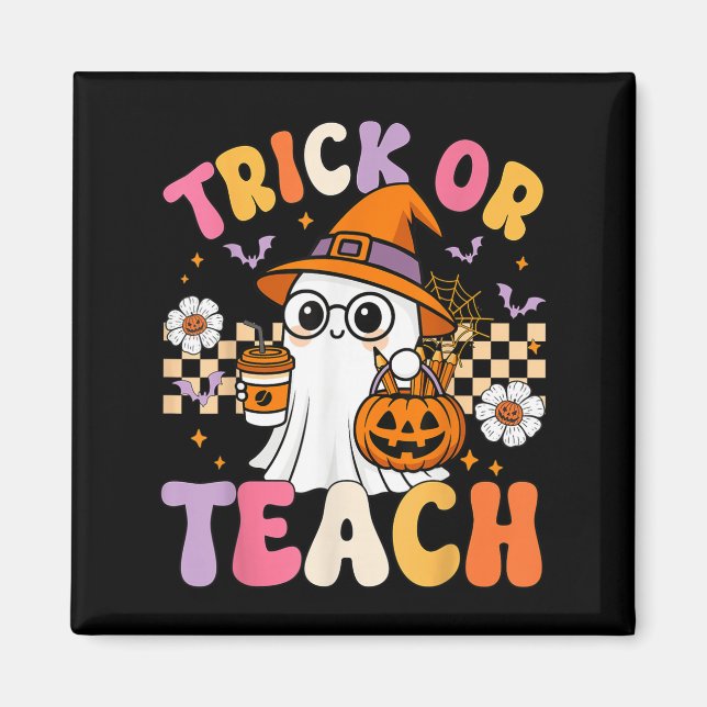 Trick Or Teach Cute Ghost Coffee Pumpkins Hallowee Magnet (Front)