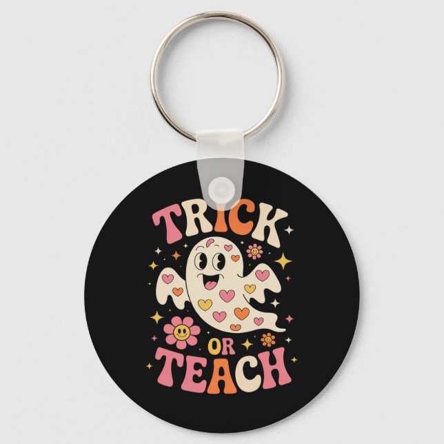 Trick Or Teach Cute Ghost Teacher Halloween Retro  Key Ring (Front)
