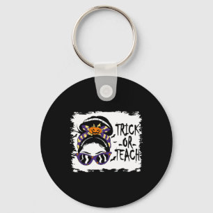 Trick Or Teach Cute Halloween Teacher Messy Bun Re Key Ring