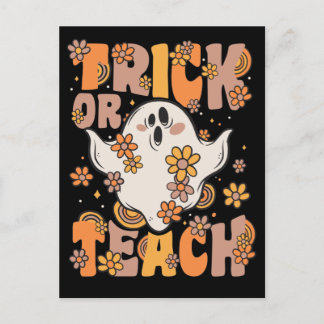 Trick Or Teach Groovy Ghost With Vintage Flowers H Holiday Postcard