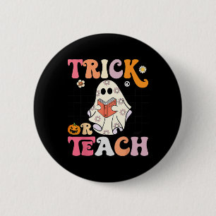Trick or Teach Groovy Halloween Retro Floral Ghost 6 Cm Round Badge
