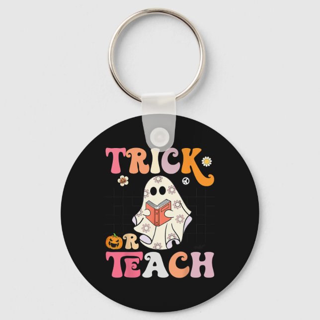 Trick or Teach Groovy Halloween Retro Floral Ghost Key Ring (Front)