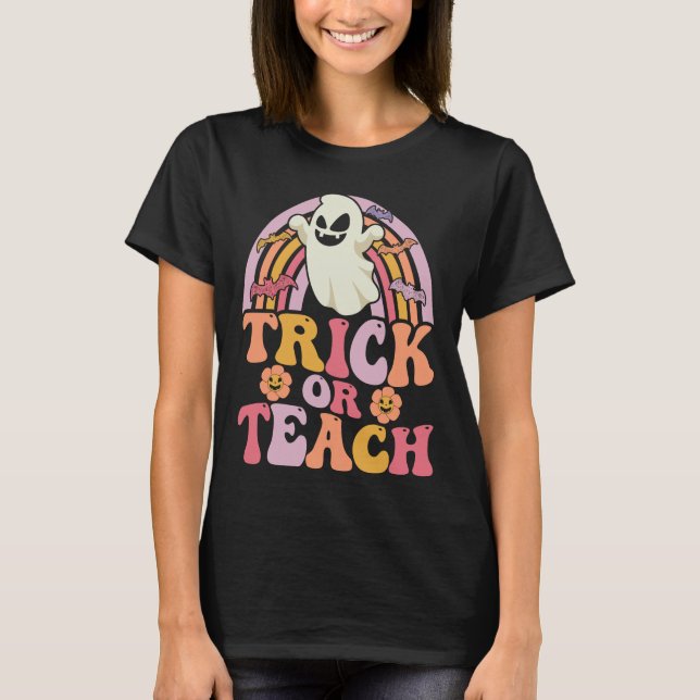 Trick or Teach Groovy Rainbow Ghost Halloween T-Shirt (Front)