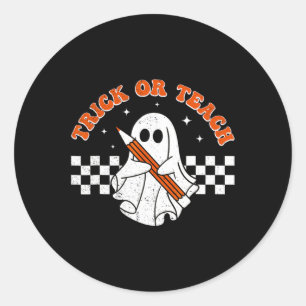 Trick Or Teach Groovy Teacher Halloween Retro Flor Classic Round Sticker