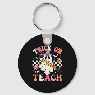 Trick Or Teach Groovy Teacher Halloween Retro Flor Key Ring