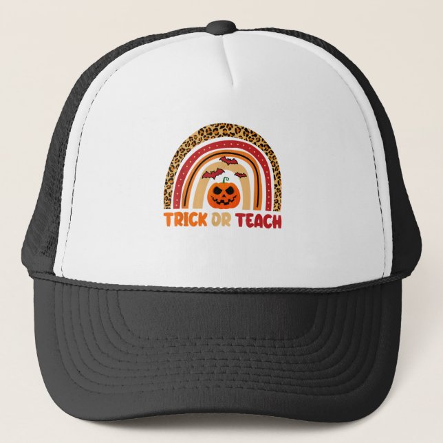 Trick Or Teach Leopard Rainbow Teacher Halloween C Trucker Hat (Front)
