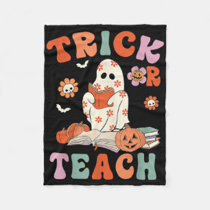Trick Or Teach Retro Groovy Floral Ghost Teacher H Fleece Blanket