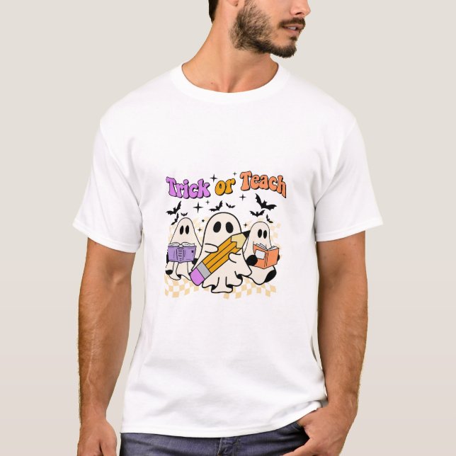 Trick Or Teach Retro Halloween Teacher Tshirt (Front)