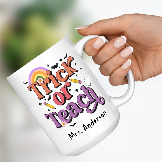 Trick or Teach Retro Pastel Halloween Teacher Name Coffee Mug (Trick or Teach Halloween Teacher Name Mug)