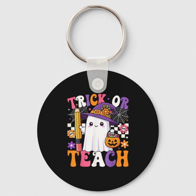 Trick Or Teach Teacher Pencil Ghost Funny Hallowee Key Ring (Front)