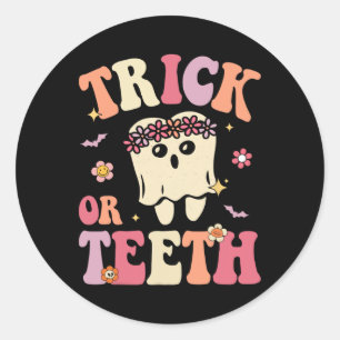 Trick Or Teeth Ghost Groovy Dental Halloween Treat Classic Round Sticker