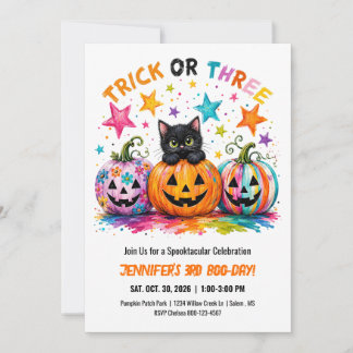 Trick or Three 3rd Birthday Halloween Party Cat Invitation